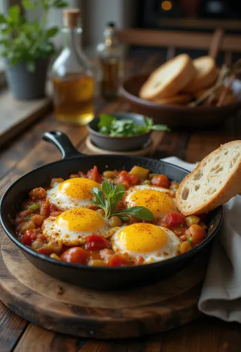 Şakşuka med olivenolje, servert med egg og friske krydderurter