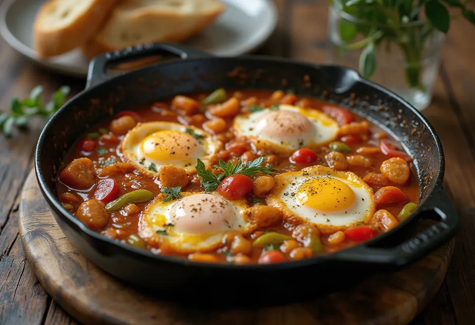 Şakşuka med olivenolje, servert med egg og friske krydderurter