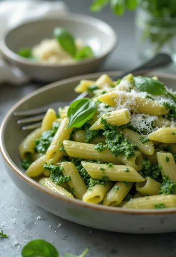 Kremet spinatpasta drysset med fersk parmesan, servert på hvit tallerken.