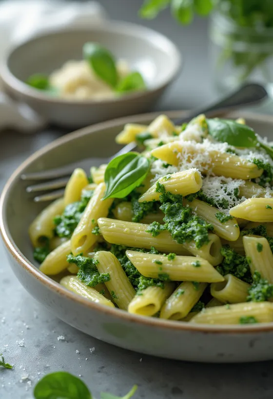Kremet spinatpasta drysset med fersk parmesan, servert på hvit tallerken.