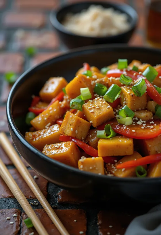 Wok med gresskar og tofu servert
