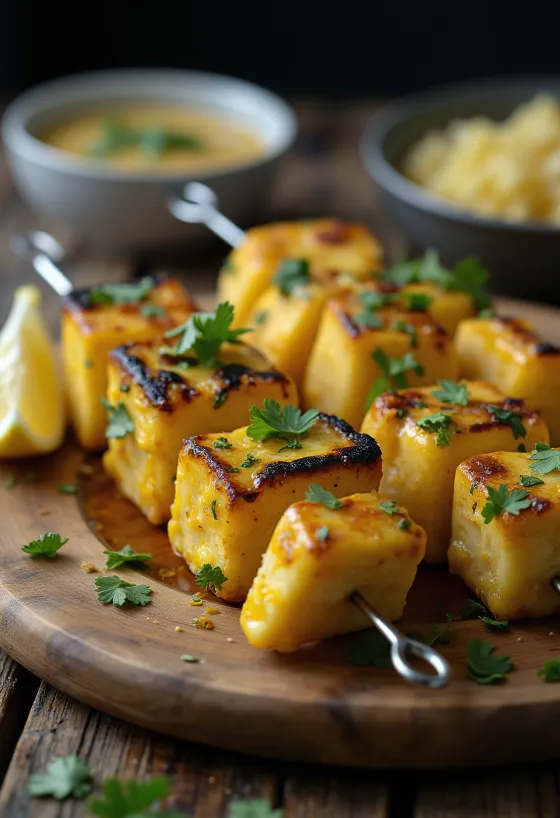 Achari paneer tikka, grillede paneerbiter marinert i yoghurt, servert med frisk koriander og sitron
