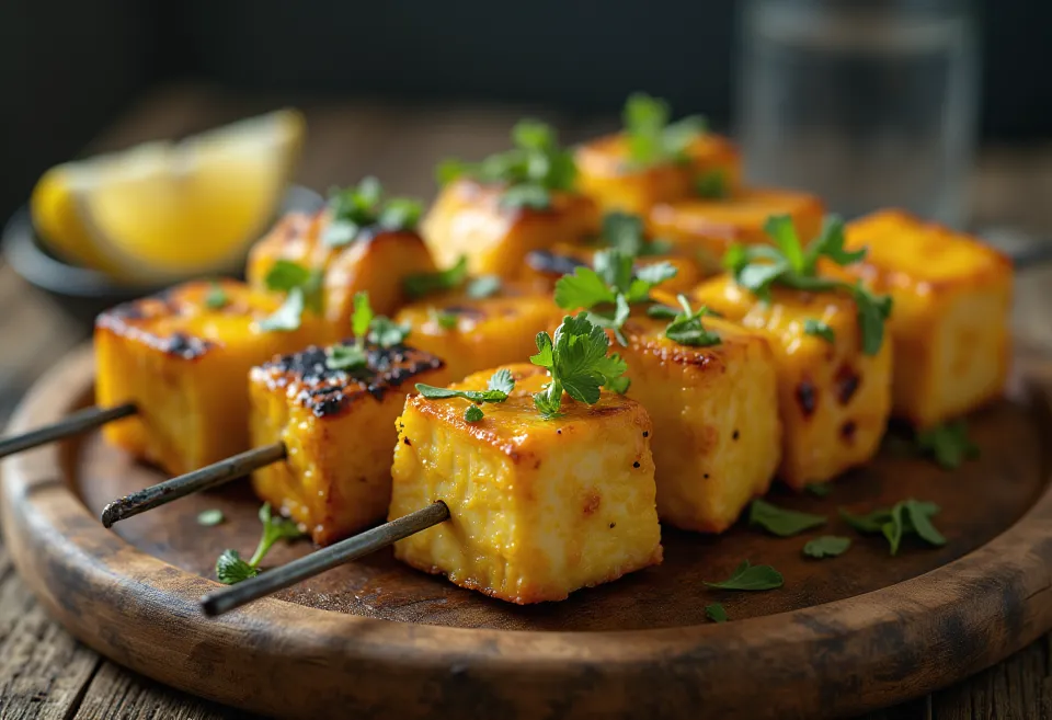 Achari paneer tikka, grillede paneerbiter marinert i yoghurt, servert med frisk koriander og sitron