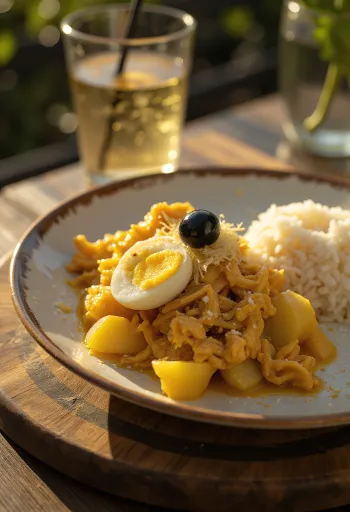 Ají de Gallina servert med løk, ferske egg og mandelflak