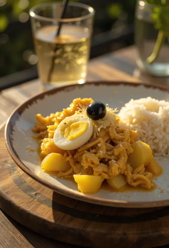 Ají de Gallina servert med løk, ferske egg og mandelflak
