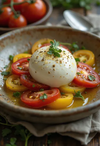 Burrata med tomat servert med ferske grønnsaker og olivenolje.