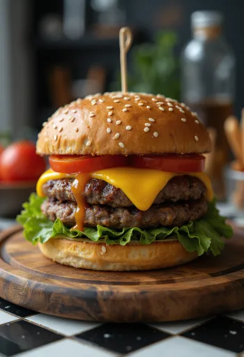 Hamburger servert med pommes frites og frisk salat
