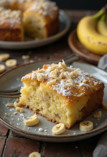 Kokos- og banankake drysset med melis og pyntet med kokosmasse