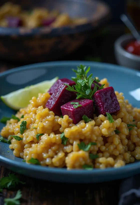 Lime- og quinoakarri med tahini og rødbetetofu servert