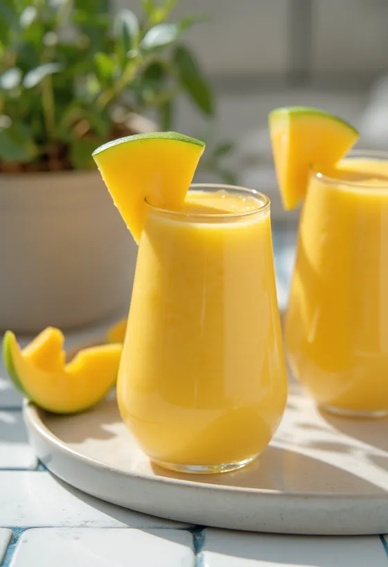 Mangosmoothie i høyt glass, pyntet med mangoskiver