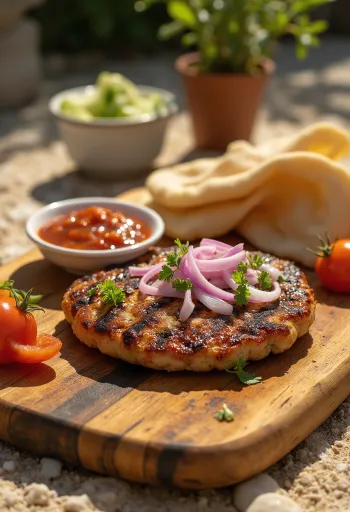 Pljeskavica, serbisk kjøttkake med ajvar og stekte poteter