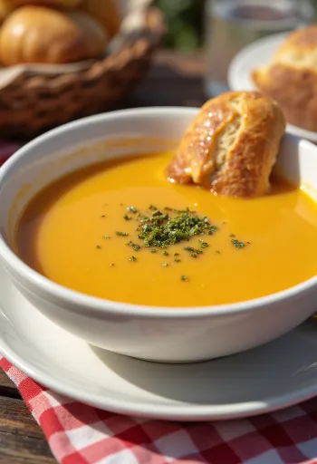 Kremet grønnsakssuppe med gresskar servert