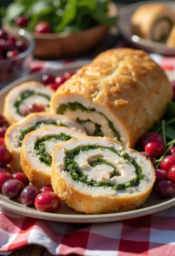 Turkey roulade with cranberries servert med grønnsaker.