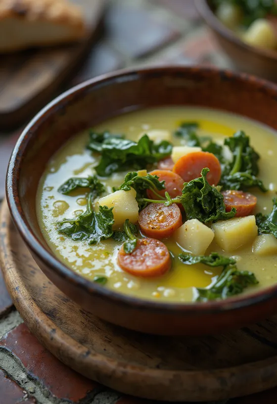 Caldo Verde suppe servert med pølse