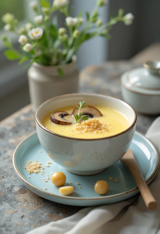 Chawanmushi servert med ginkgonøtter, dampet eggerett