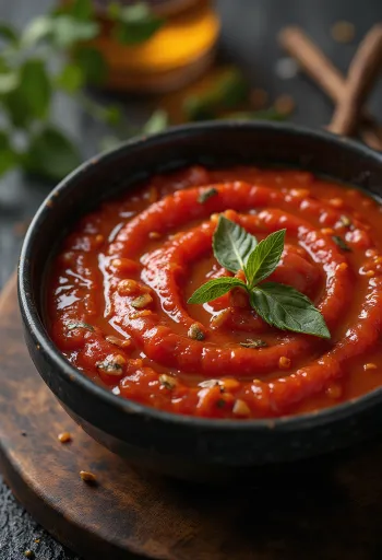 Krydret tomatsaus servert med pasta