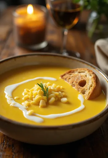 Kremet mais suppe pyntet med frisk persille, servert i hvit skål.