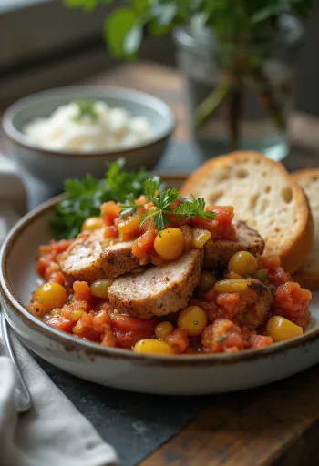 Saftig svinekotelett i lecsó, laget med fersk paprika og tomat