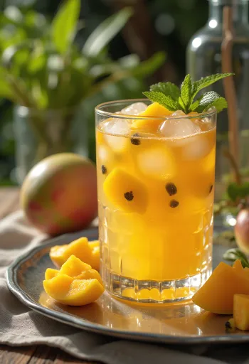 Mango- og pasjonsfruktcider servert fersk