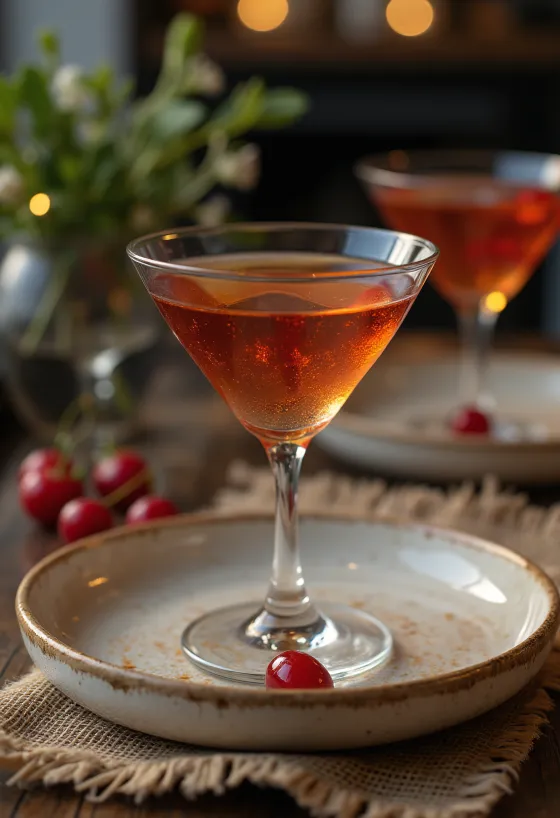 Manhattan cocktail pyntet med cocktailbær og appelsinskall