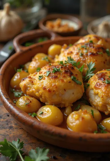 Pollo al Ajillo, spansk hvitløkskylling servert med hvitvinssaus