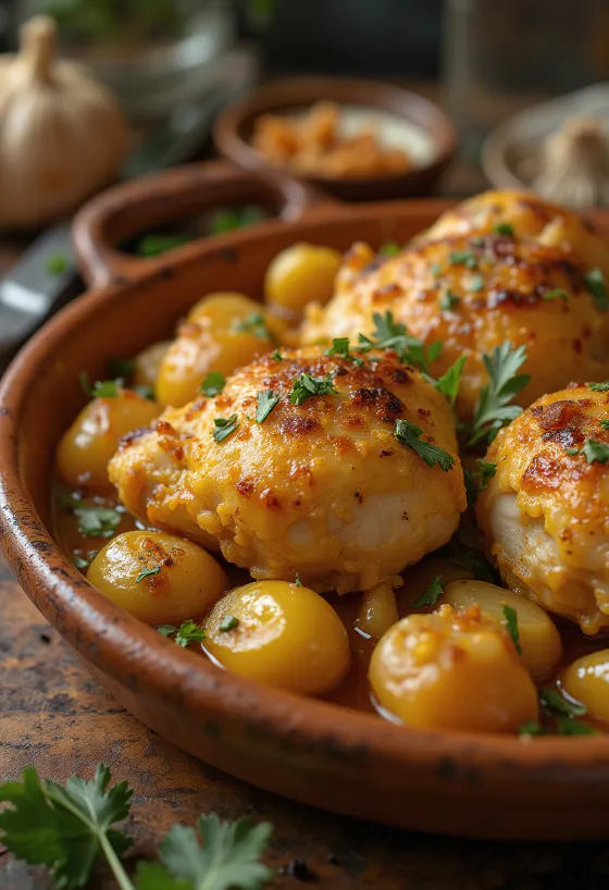 Pollo al Ajillo, spansk hvitløkskylling servert med hvitvinssaus