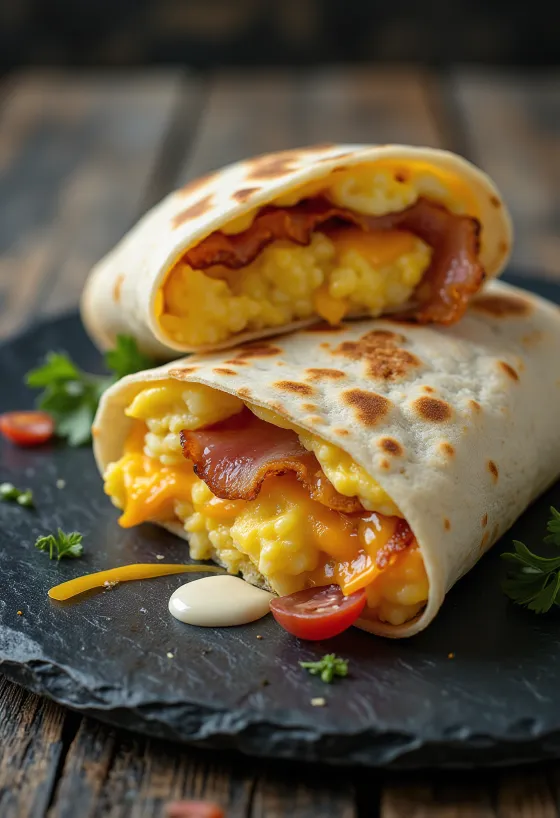 Frokostwrap med egg, bacon, salat og ost, rullet i tortillalefse, delt diagonalt