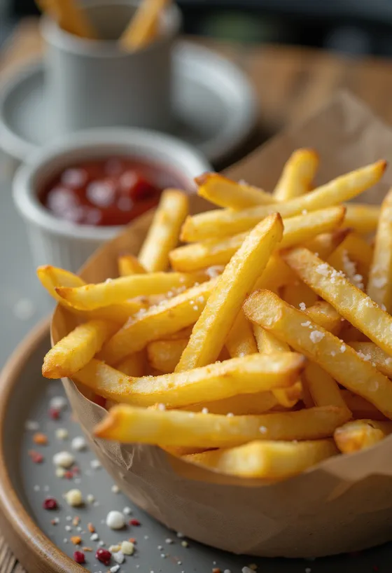 Gyllenbrun pommes frites stekt sprø og drysset med ferske urter.