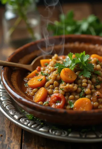 Klassisk tagine med linser, servert med rike krydder og frisk koriander