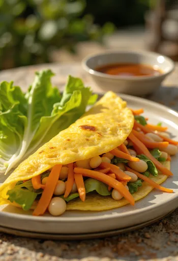 Bánh xèo med grønnsaker, sprø vietnamesisk pannekake servert med frisk salat