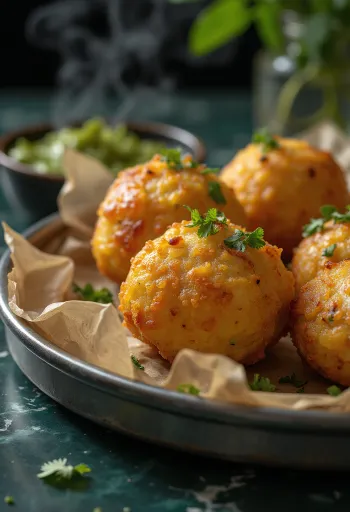 Nylaget Batata Vada, sprø potetboller, pyntet med koriander