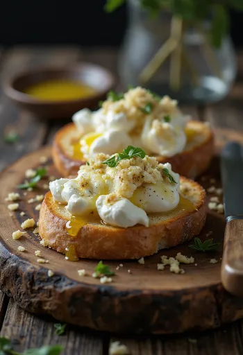 Burrata med ristet brød, servert med hvitløk og balsamico, pyntet med frisk basilikum.