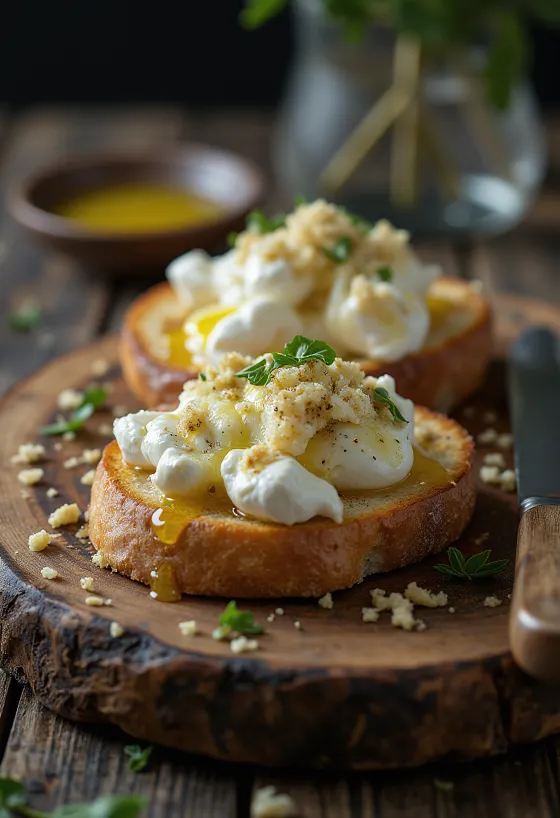 Burrata med ristet brød, servert med hvitløk og balsamico, pyntet med frisk basilikum.