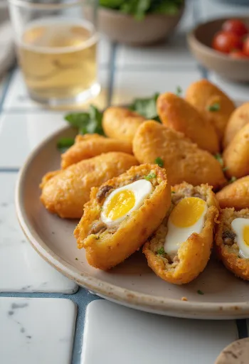 Carimañola med egg, sprø og gyllenbrun, servert