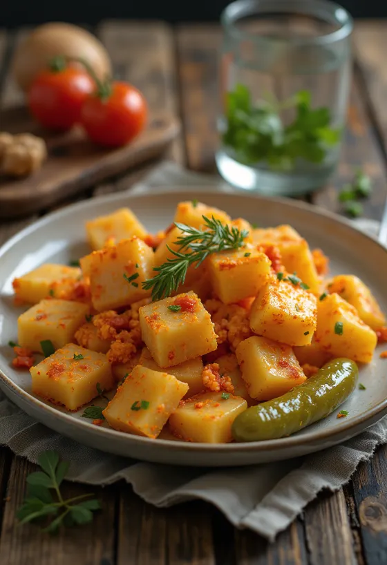 Pasta med poteter servert med stekt løk og paprikapulver