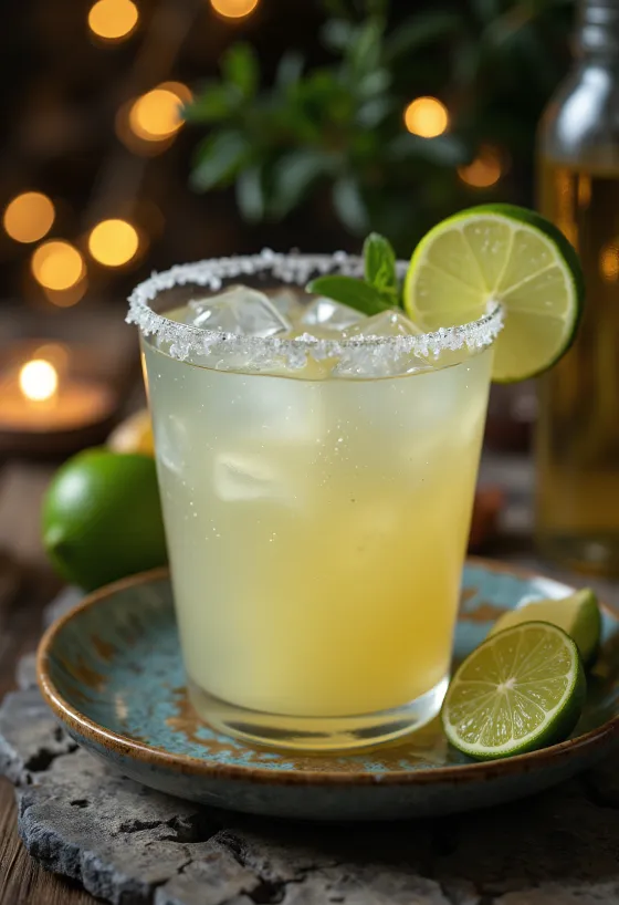 Margarita cocktail pyntet med saltkant og limeskive