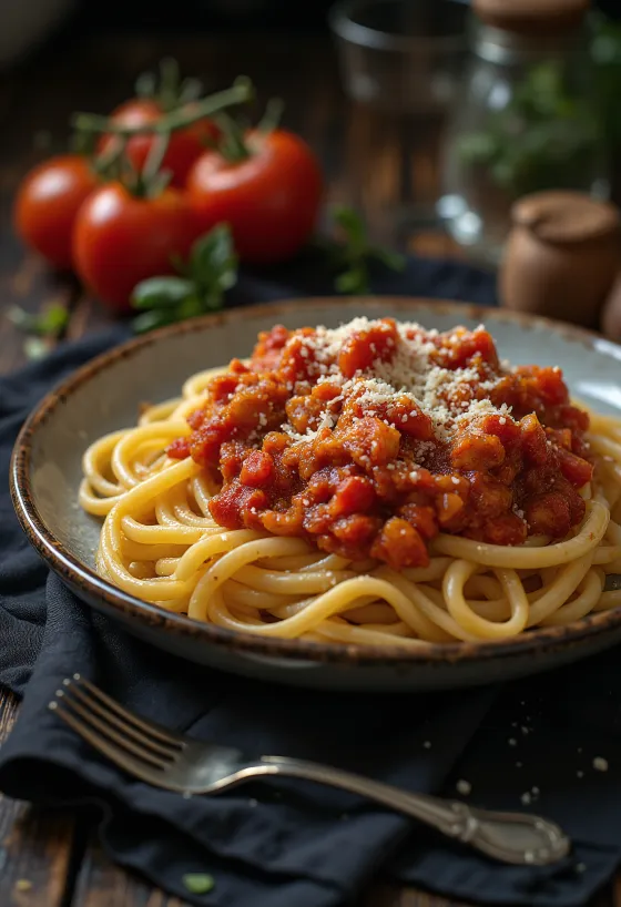 Pasta med tomatsaus, frisk basilikum og revet parmesanost