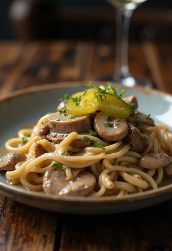 Biff Stroganoff servert med silkesmyk rømmesaus