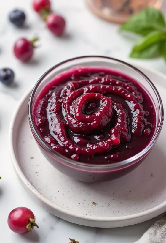 Rødvin- og nyperose-saus i en skål, pyntet med frisk rosmarin.