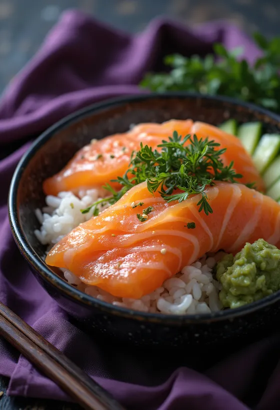 Chirashi-skål servert med laks og friske grønnsaker