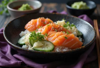 Chirashi-skål servert med laks og friske grønnsaker