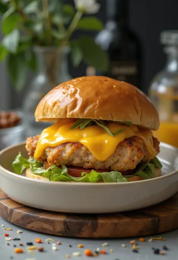 Burger med helstekt kyllingbryst, grillet kylling og smeltet ost