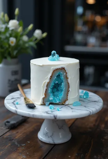 Geode-kake med fargerike sukkerkrystaller