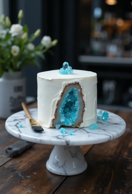 Geode-kake med fargerike sukkerkrystaller