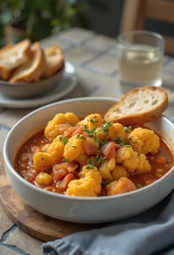 Krydret blomkålgryte i saftig tomatbase, drysset med frisk persille.