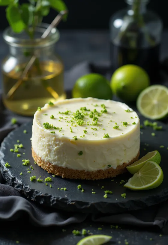 Ostekake med lime og mynte servert i stykker