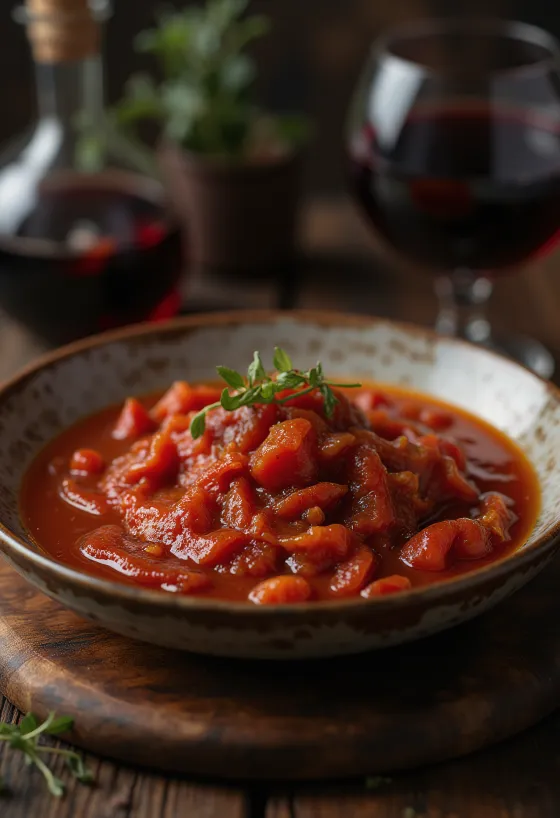 Honning- og rødvin-tomatsaus servert