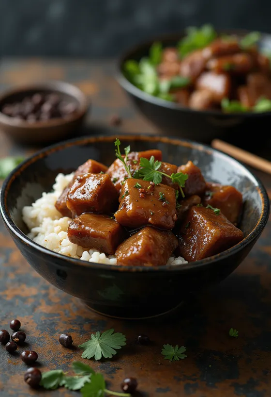 Pork adobo servert med dampet ris