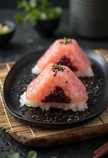 Sekihan servert med onigiri risboller, nori tang og sesamolje pynt