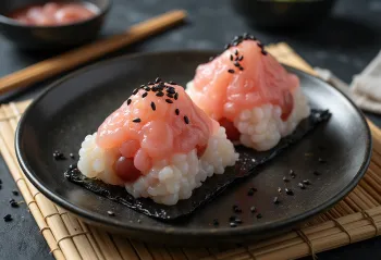 Sekihan servert med onigiri risboller, nori tang og sesamolje pynt